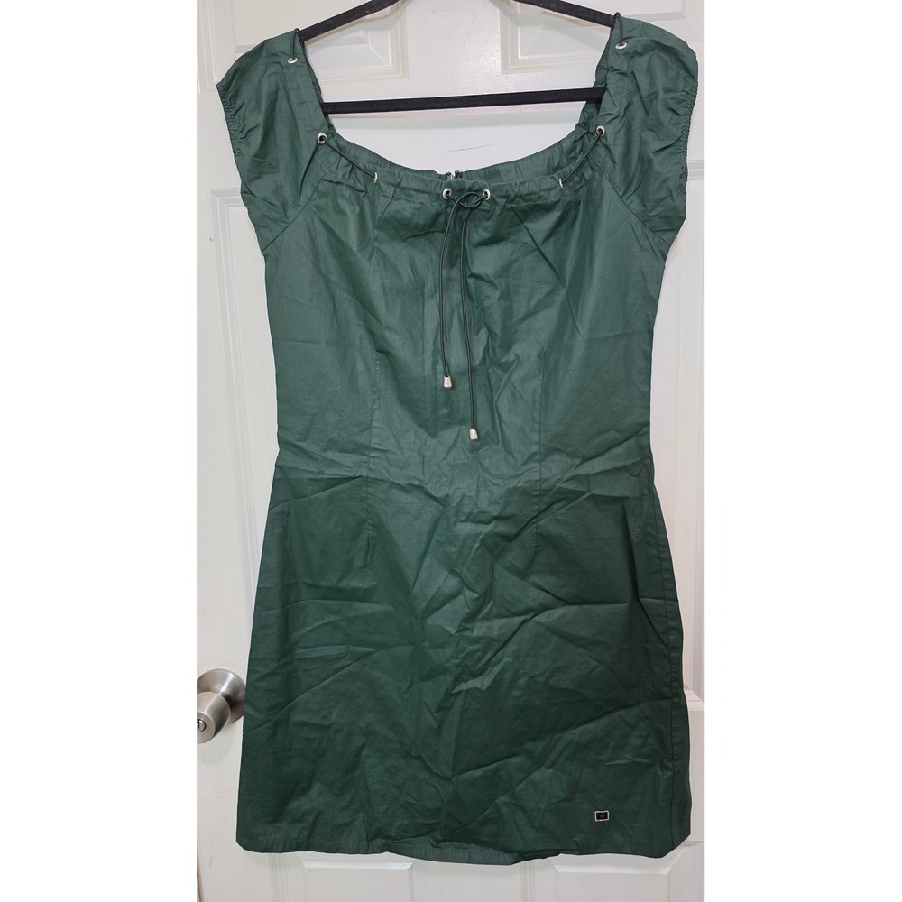 Tommy Jeans Dress Womens L Nylon Green Drawstring Neck‎ Cap Sleeve Mini Utility